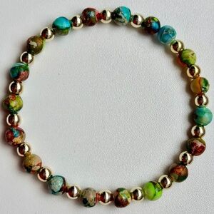 Unisex multicolor elastic Bracelet.Sea sediment gemstones,gold plated beads.6.7”